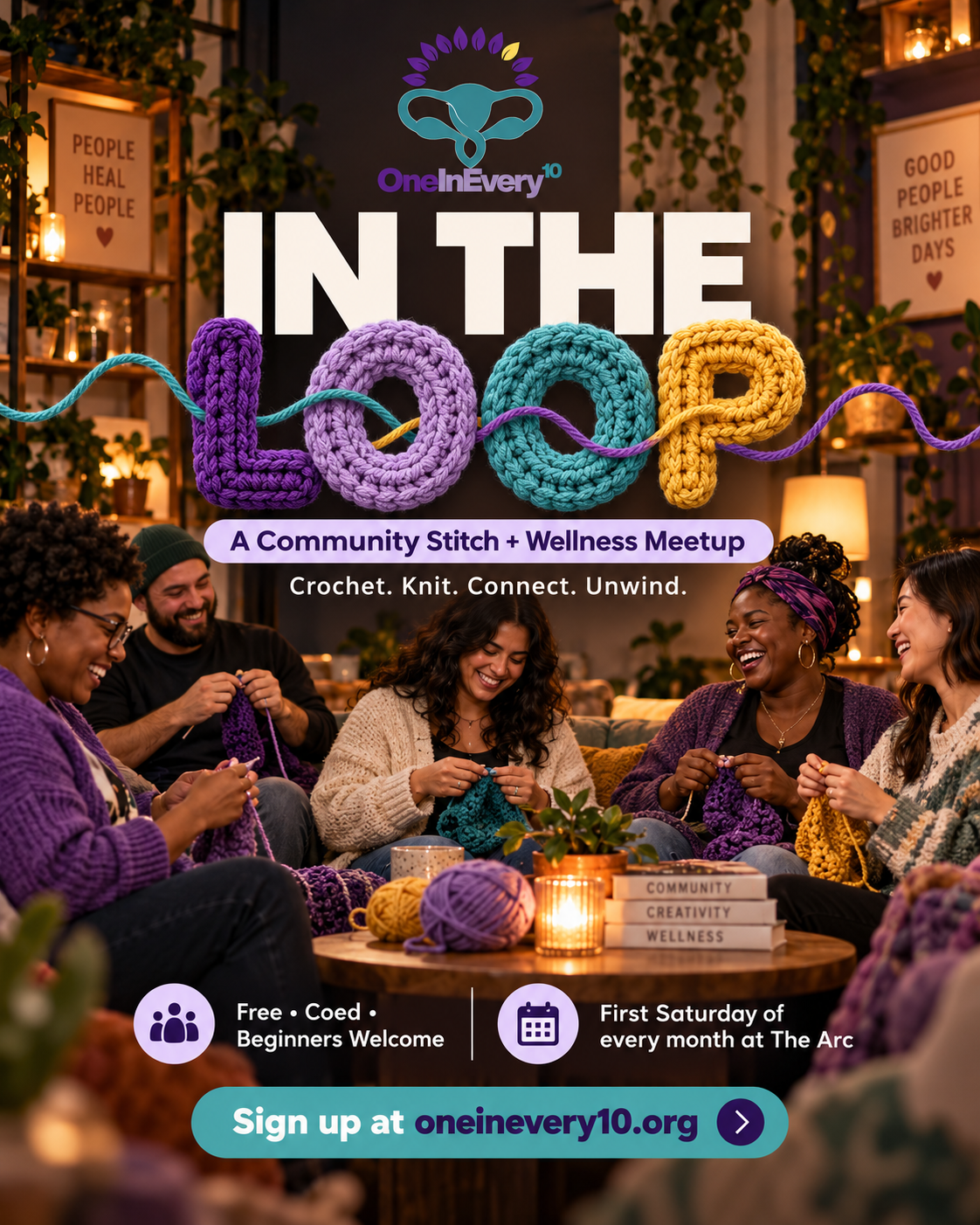 IN THE LOOP community stitch and wellness meetup flyer