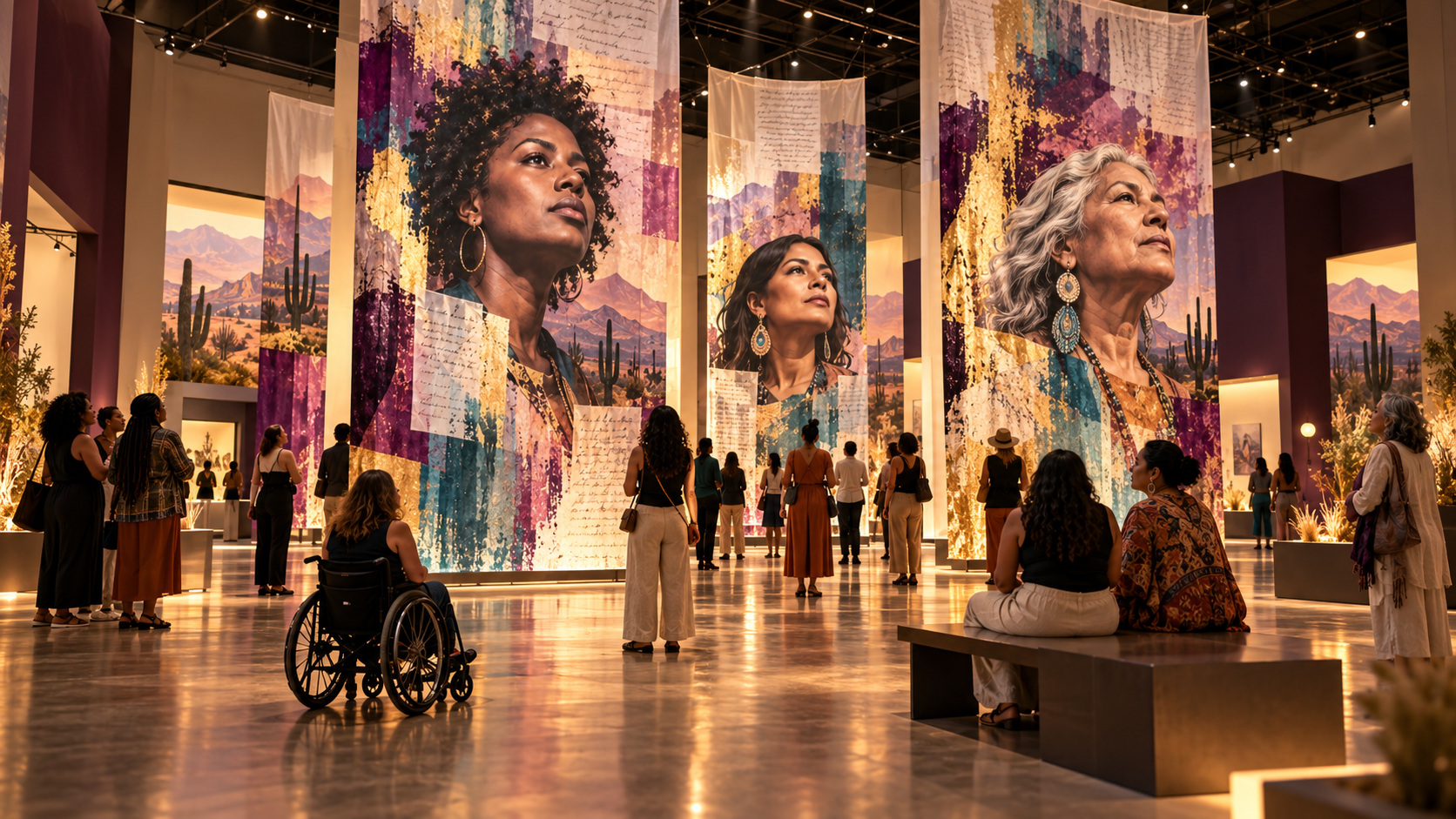 In Her Own Hand exhibition concept with tall portraits of women